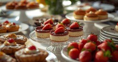 Sobremesas com morango e pudim em destaque em evento gastronômico, com doces variados expostos em mesa