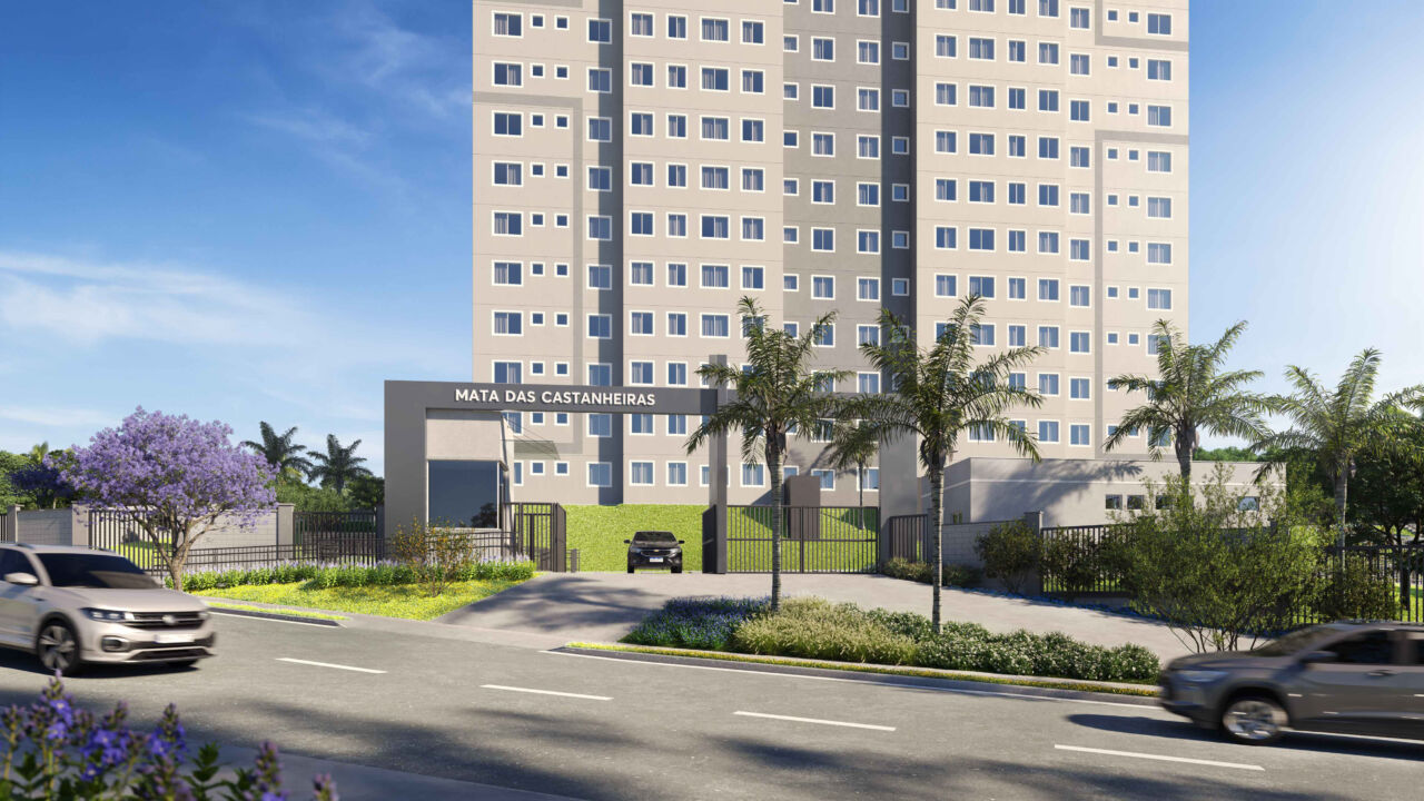 Condomínio Mata das Castanheiras da MRV em Contagem Entrada do condomínio Mata das Castanheiras, empreendimento da MRV em Contagem, com portaria e edifícios residenciais ao fundo