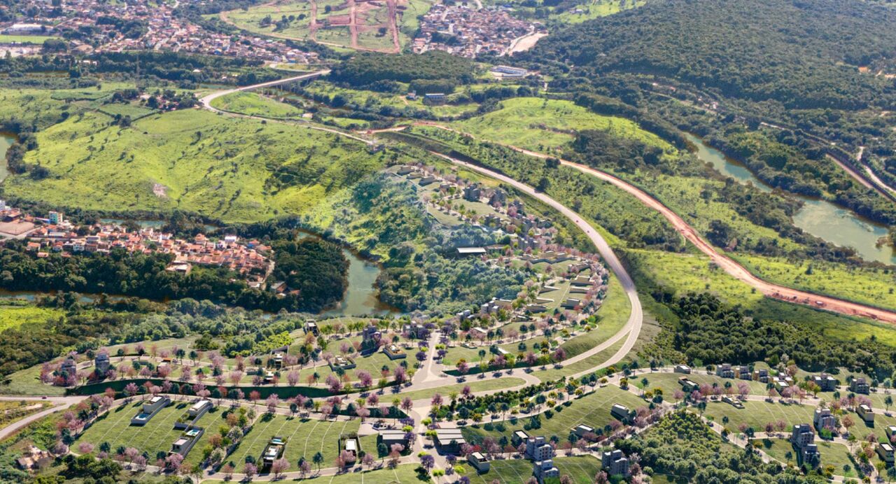 Alta Vista Brumadinho apresenta novo bairro planejado próximo ao Inhotim Vista aérea do empreendimento Alta Vista Brumadinho, bairro planejado da PHV URB próximo ao Inhotim, com áreas residenciais, vias urbanizadas e extensa área verde preservada