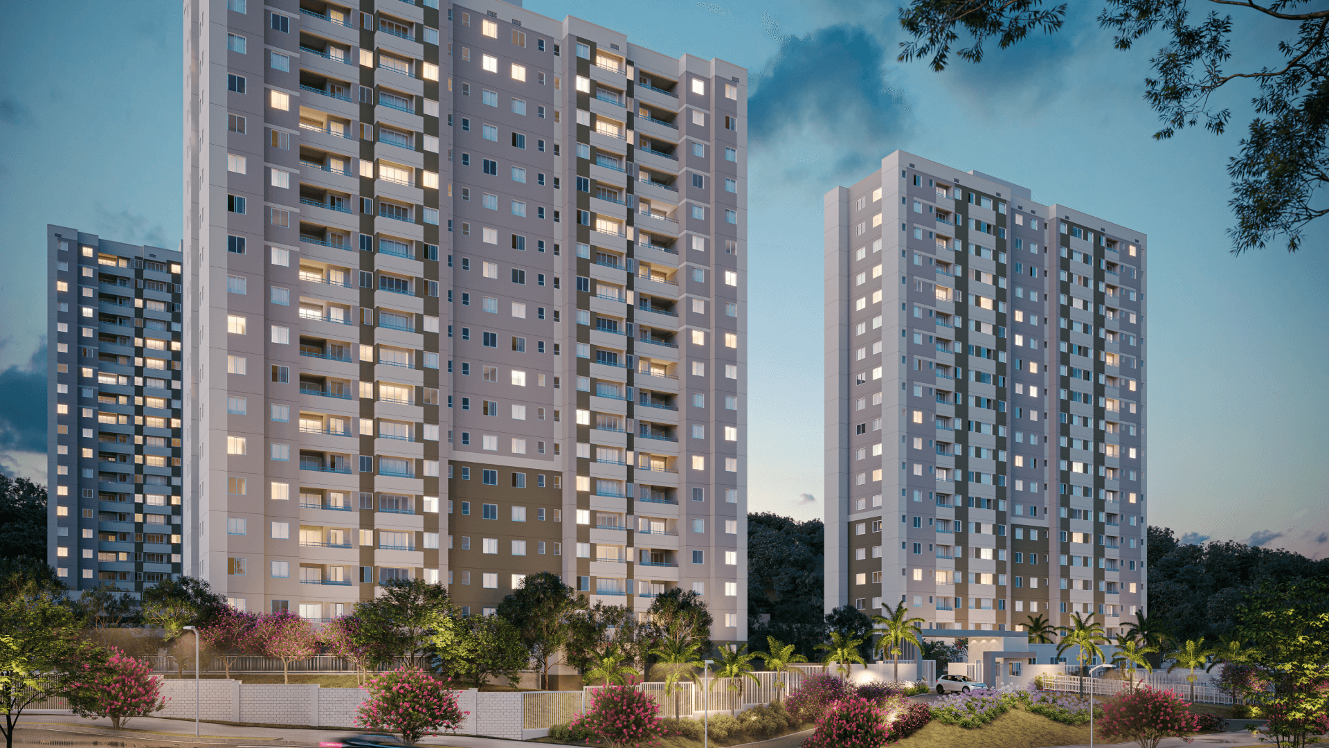 Fachada Floratta Condominio Clube Empreendimento residencial do Grupo Direcional com torres de apartamentos iluminadas, representando expansão da construtora no mercado imobiliário