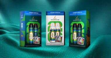 Caixas do combo especial Rexona com antitranspirantes e figurinhas da Copa do Mundo 2026 em parceria com a Panini