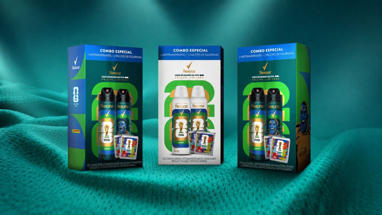 Combo Rexona Copa 2026 com figurinhas Panini Caixas do combo especial Rexona com antitranspirantes e figurinhas da Copa do Mundo 2026 em parceria com a Panini