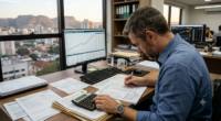 Profissional analisa indicadores econômicos em escritório diante de gráficos financeiros, em cenário relacionado aos impactos da redução da taxa Selic sobre investimentos, crédito e atividade econômica no Brasil
