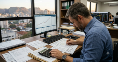 Profissional analisa indicadores econômicos em escritório diante de gráficos financeiros, em cenário relacionado aos impactos da redução da taxa Selic sobre investimentos, crédito e atividade econômica no Brasil