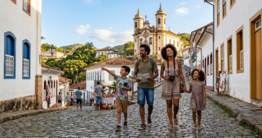 Família passeia por rua de pedra em cidade histórica de Minas Gerais, cenário que representa a retomada da atividade turística no estado após meses de retração