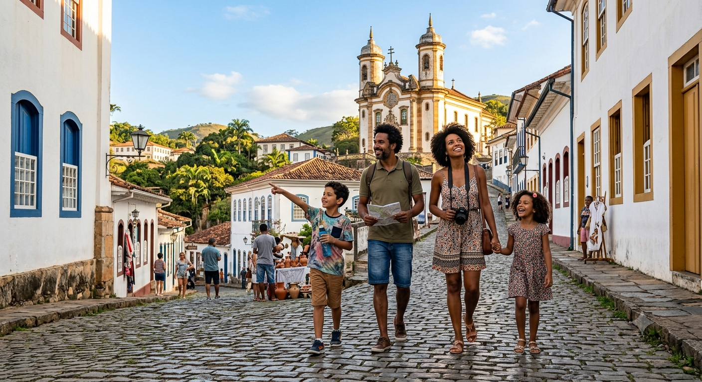 Turismo em Minas Gerais registra retomada após meses de retração Família passeia por rua de pedra em cidade histórica de Minas Gerais, cenário que representa a retomada da atividade turística no estado após meses de retração