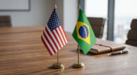 Bandeiras do Brasil e dos Estados Unidos sobre mesa de reunião, representando as relações comerciais entre os dois países em meio à discussão sobre novas tarifas de importação