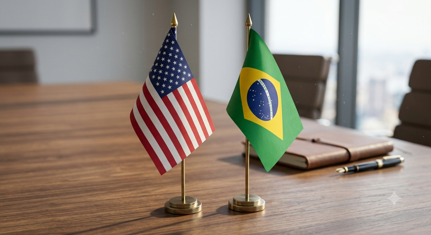 Relações comerciais entre Brasil e Estados Unidos entram em debate após proposta de tarifa Bandeiras do Brasil e dos Estados Unidos sobre mesa de reunião, representando as relações comerciais entre os dois países em meio à discussão sobre novas tarifas de importação