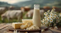Garrafa de leite e derivados lácteos sobre mesa de madeira em ambiente rural, com vacas ao fundo, ilustrando o crescimento do mercado de leite A2 no Brasil