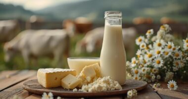 Garrafa de leite e derivados lácteos sobre mesa de madeira em ambiente rural, com vacas ao fundo, ilustrando o crescimento do mercado de leite A2 no Brasil