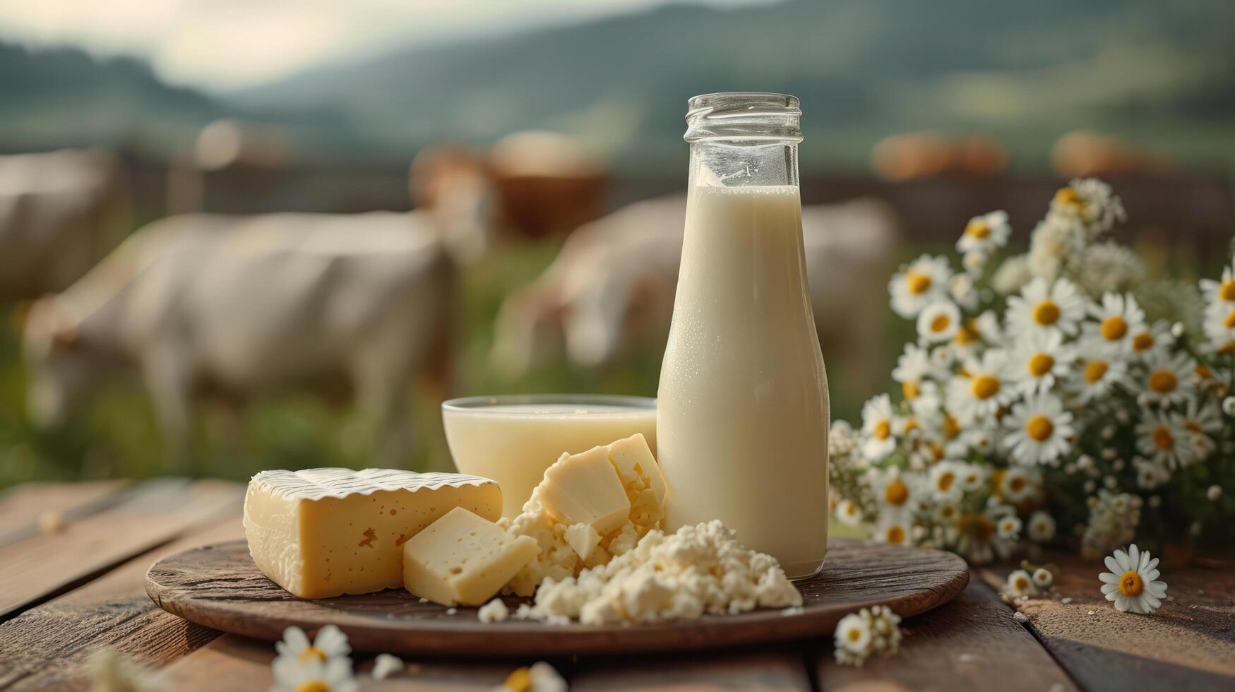 Leite A2 ganha espaço como nova aposta da cadeia láctea brasileira Garrafa de leite e derivados lácteos sobre mesa de madeira em ambiente rural, com vacas ao fundo, ilustrando o crescimento do mercado de leite A2 no Brasil