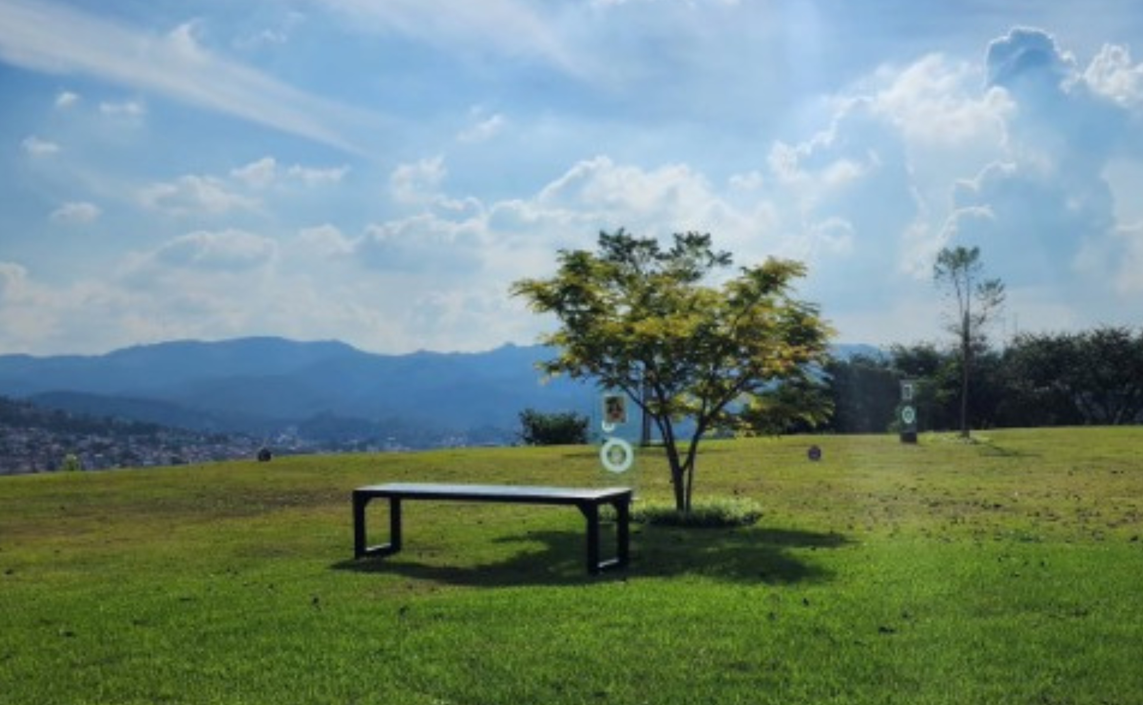 Área verde do Parque Memorial BioParque, em Nova Lima, onde árvores simbolizam homenagens ecológicas e preservação da memória de entes queridos