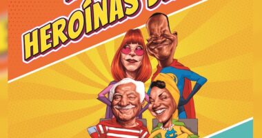 Capa do livro Heróis e Heroínas da MPB, de Geraldo Leite e Eduardo Baptistão, com ilustrações de artistas que marcaram a história da música popular brasileira