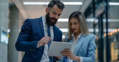 Profissionais analisam dados em dispositivo digital durante processo de gestão contratual com uso de inteligência artificial