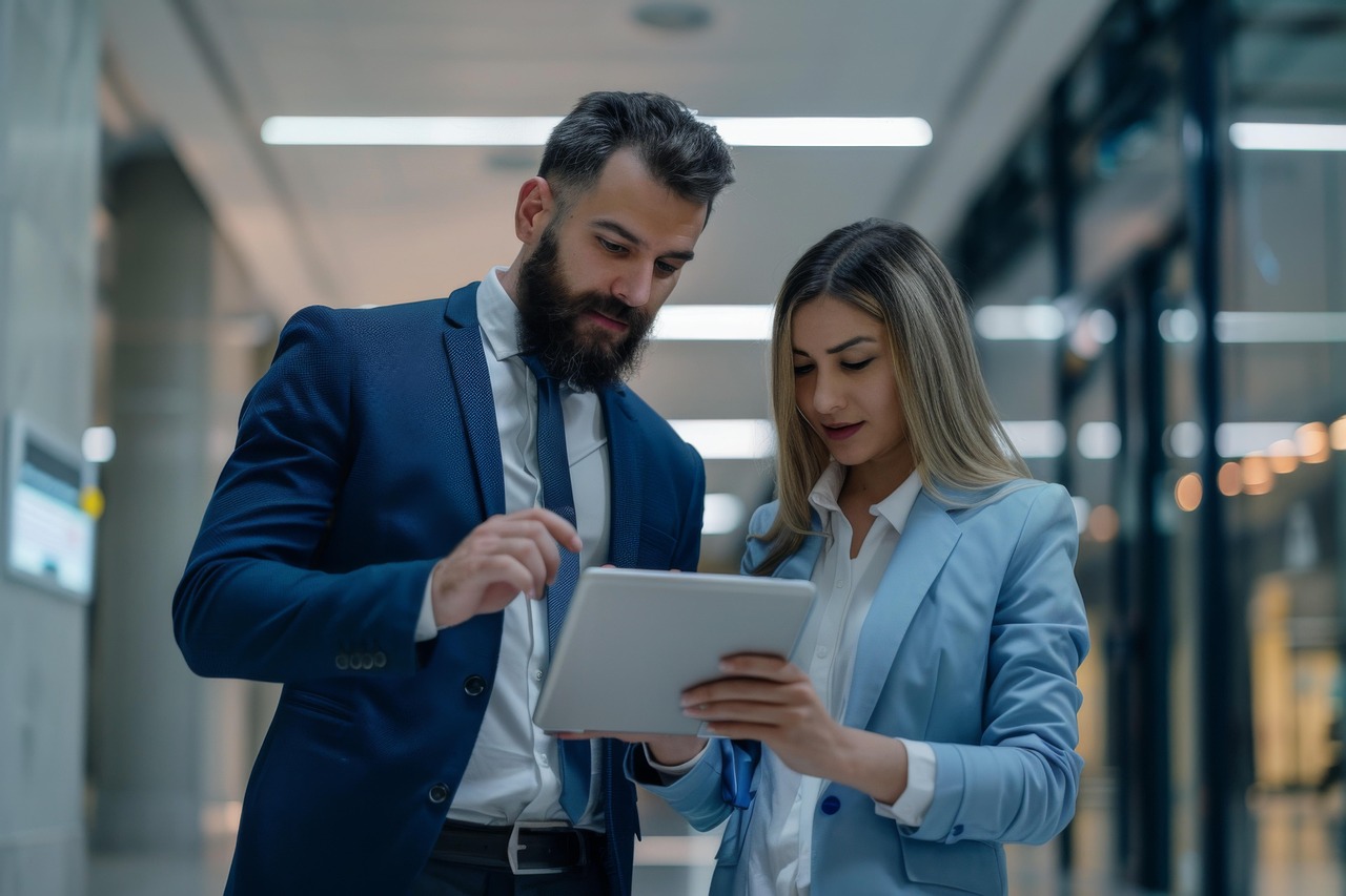 Automação e inteligência artificial impulsionam produtividade na indústria Profissionais analisam dados em dispositivo digital durante processo de gestão contratual com uso de inteligência artificial