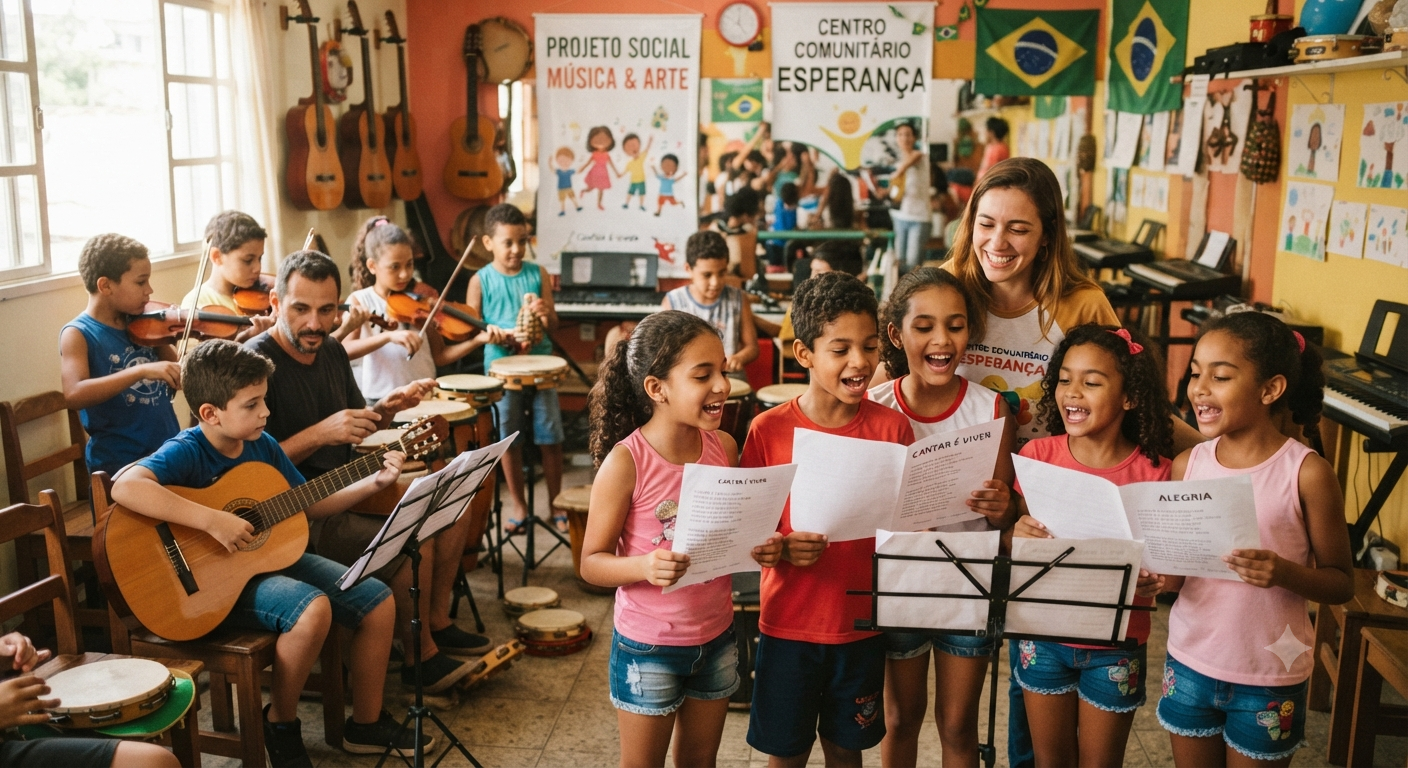 Projetos sociais terão investimentos, crianças com aulas de instrumentos e canto projeto social Gerada por IA