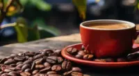 Xícara de café sobre mesa cercada por grãos torrados, imagem que representa o crescimento da produção cafeeira em Minas Gerais e o avanço do consumo da bebida entre jovens