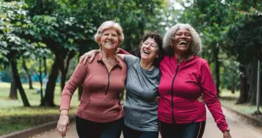 Três mulheres maduras, que passaram a menopausa, caminham juntas em um parque arborizado, sorrindo e demonstrando alegria e bem-estar