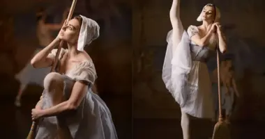 Bailarina caracterizada como personagem de conto de fadas, Cinderella, durante cena do espetáculo de balé clássico apresentado pelo The Moscow Ballet
